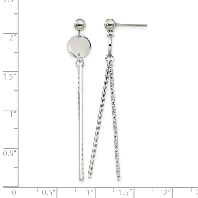 Pair of silver drop earrings with ball posts, featuring a polished disc and two varying chain styles, displayed against a measurement ruler.