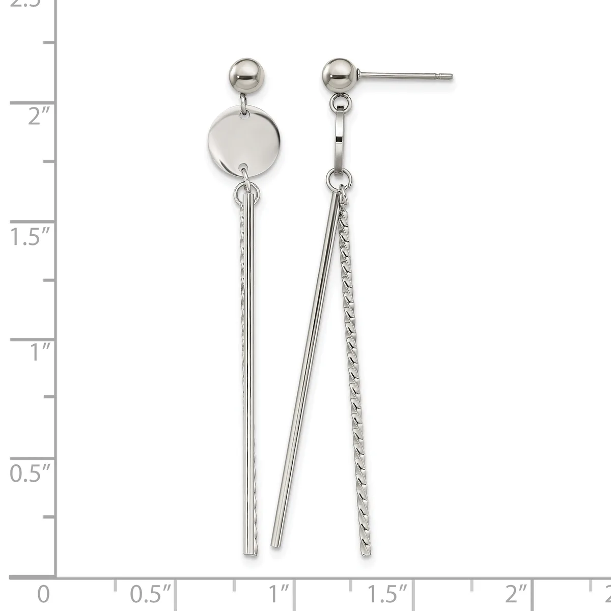 Pair of silver drop earrings with ball posts, featuring a polished disc and two varying chain styles, displayed against a measurement ruler.