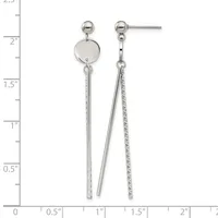Pair of silver drop earrings with ball posts, featuring a polished disc and two varying chain styles, displayed against a measurement ruler.