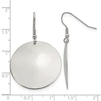 A pair of silver-toned dangle earrings with a large polished dome on one ear and a thin elongated cone on the other, displayed against a ruler showing measurements up to two inches.