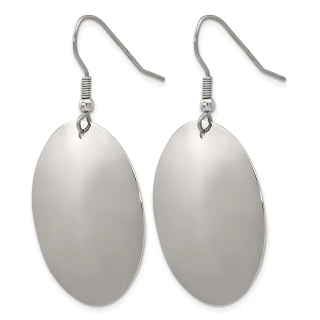 Pair of silver-toned oval dangle earrings with fish hook wires and polished finish.