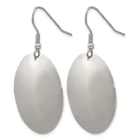 Pair of silver-toned oval dangle earrings with fish hook wires and polished finish.