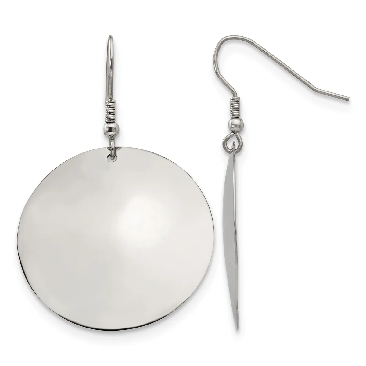 A pair of silver-toned dangle earrings with a large polished dome on one ear and a tapered cone on the other, suspended from hook-style wires.