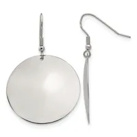 A pair of silver-toned dangle earrings with a large polished dome on one ear and a tapered cone on the other, suspended from hook-style wires.