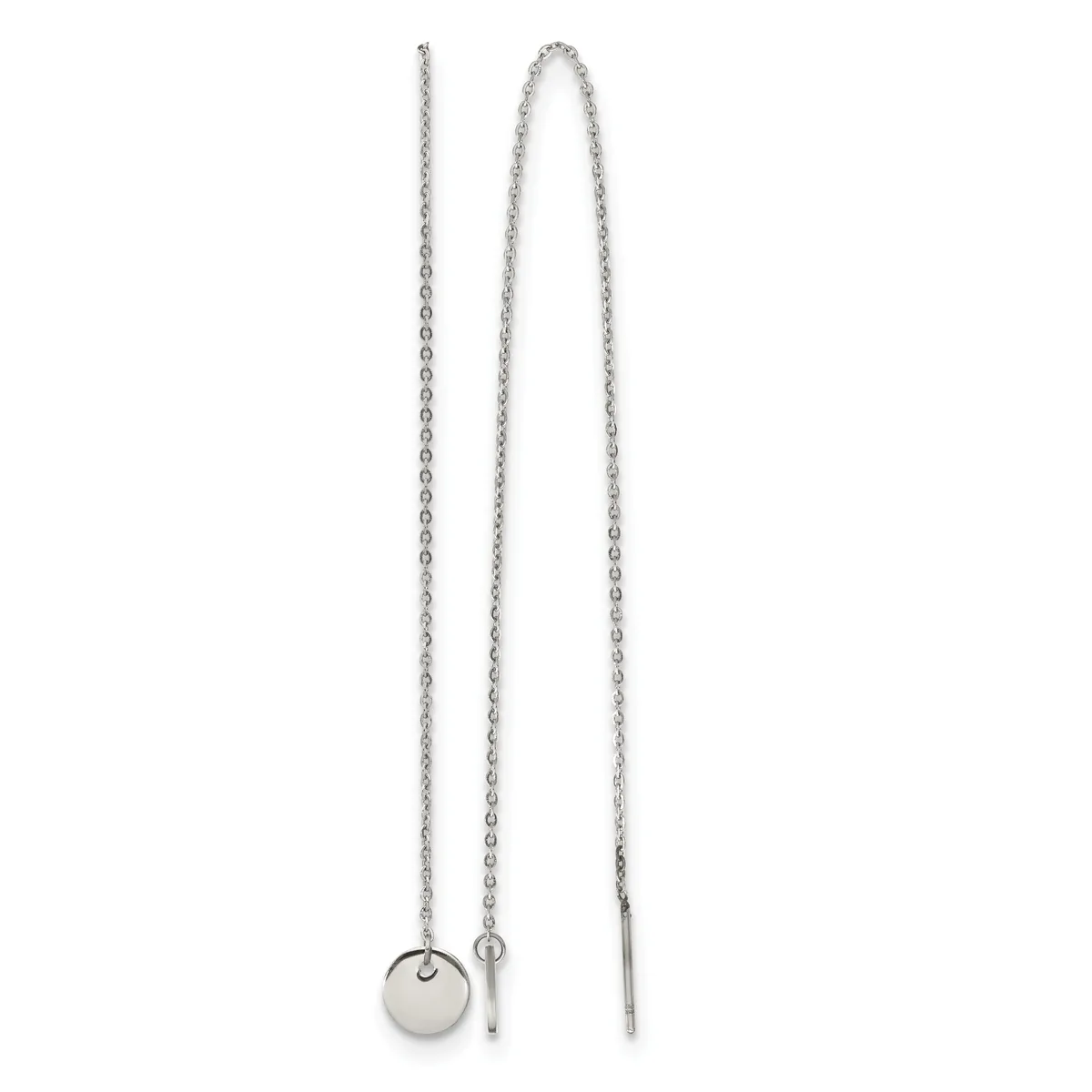 Two silver threader earrings with delicate chain strands, one featuring a small disc pendant and one with a plain tapered end.
