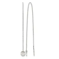 Two silver threader earrings with delicate chain strands, one featuring a small disc pendant and one with a plain tapered end.