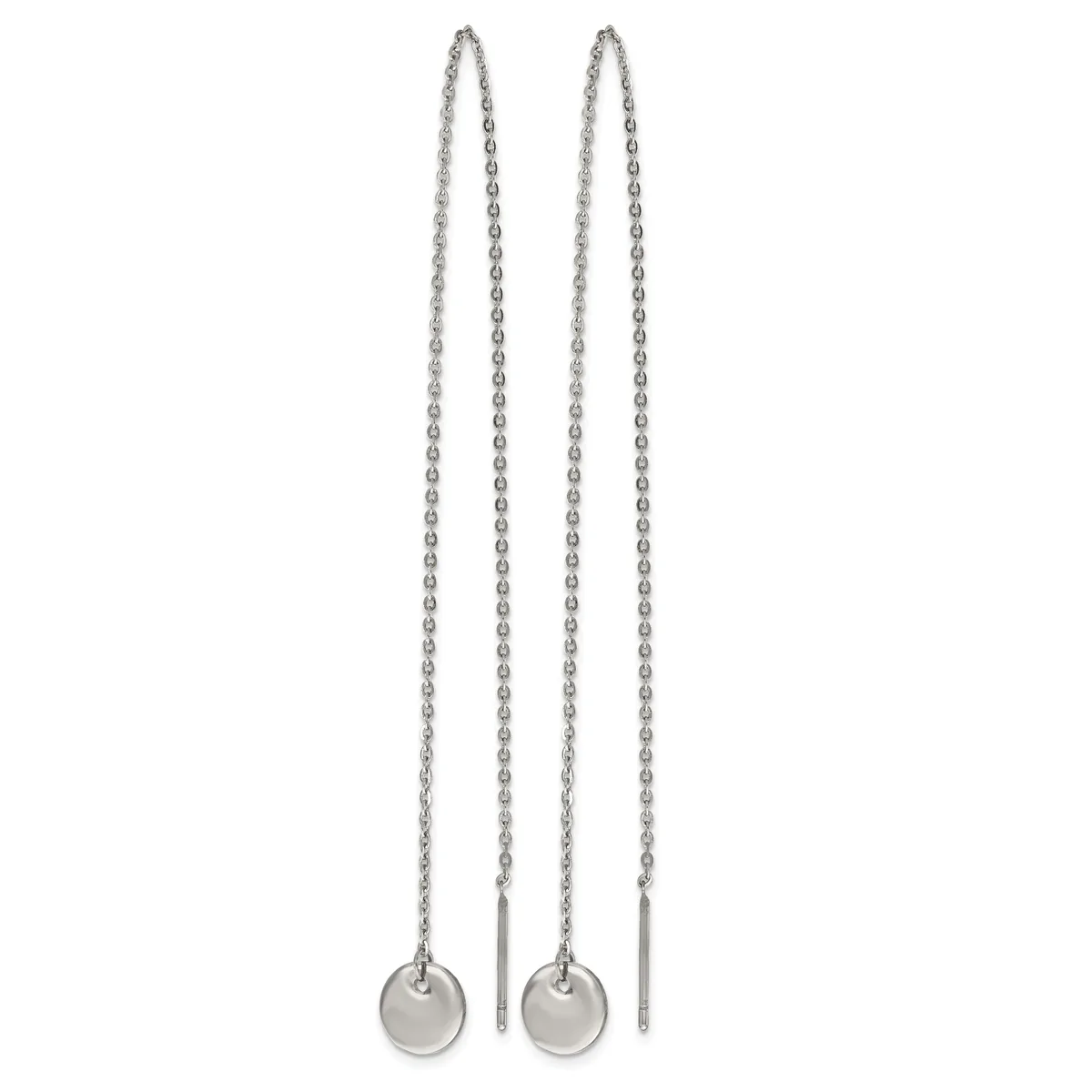 Pair of long silver chain threader earrings with small polished spheres at the ends, displayed against a white background.