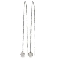 Pair of long silver chain threader earrings with small polished spheres at the ends, displayed against a white background.