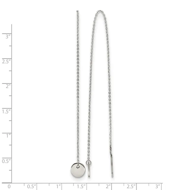Two silver chain necklaces displayed against a ruler showing measurements up to 3 inches, one with a small round disc pendant and one with a bar pendant.