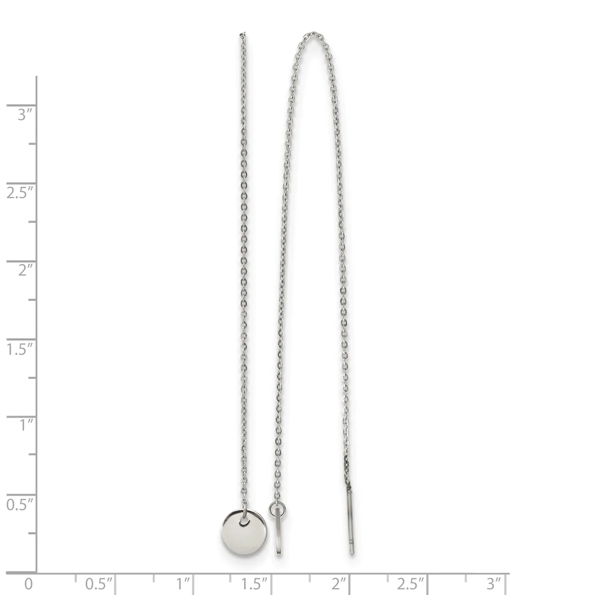Two silver chain necklaces displayed against a ruler showing measurements up to 3 inches, one with a small round disc pendant and one with a bar pendant.