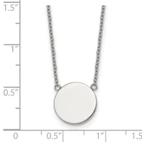 A silver circular pendant hangs from two thin chain strands, shown next to a ruler measuring approximately 1.5 inches in total length.