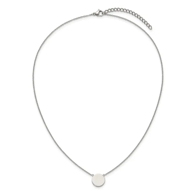 Silver-toned necklace with a thin chain and a small circular pendant hanging from the center, displayed on a white background.