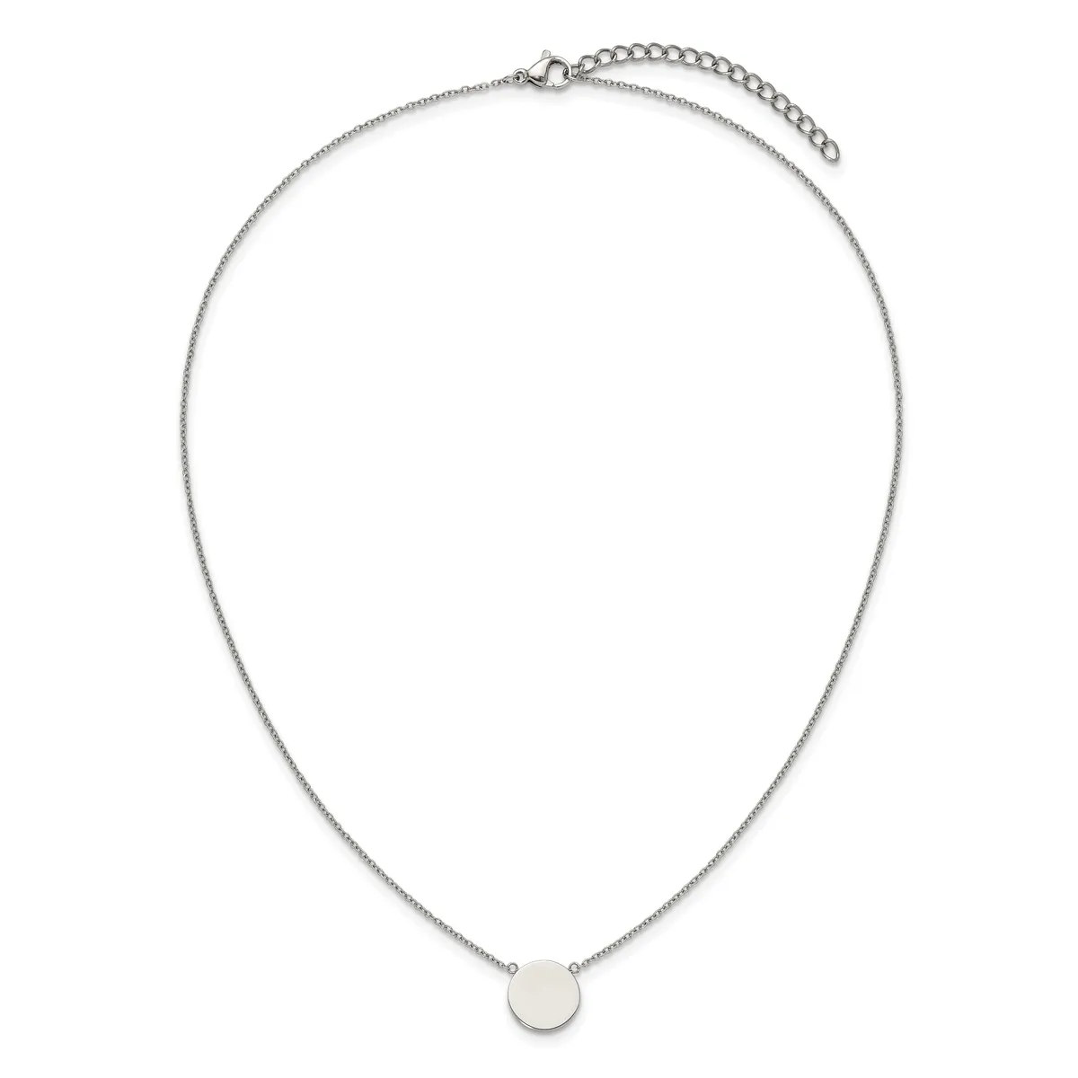 Silver-toned necklace with a thin chain and a small circular pendant hanging from the center, displayed on a white background.