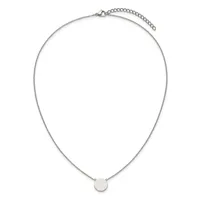 Silver-toned necklace with a thin chain and a small circular pendant hanging from the center, displayed on a white background.