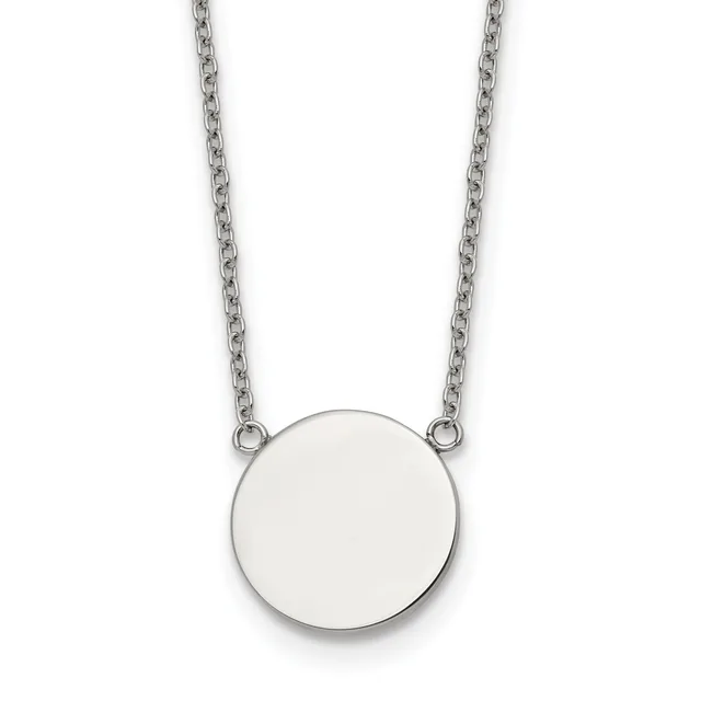 Silver chain necklace with a plain circular disc pendant suspended from two chain segments.