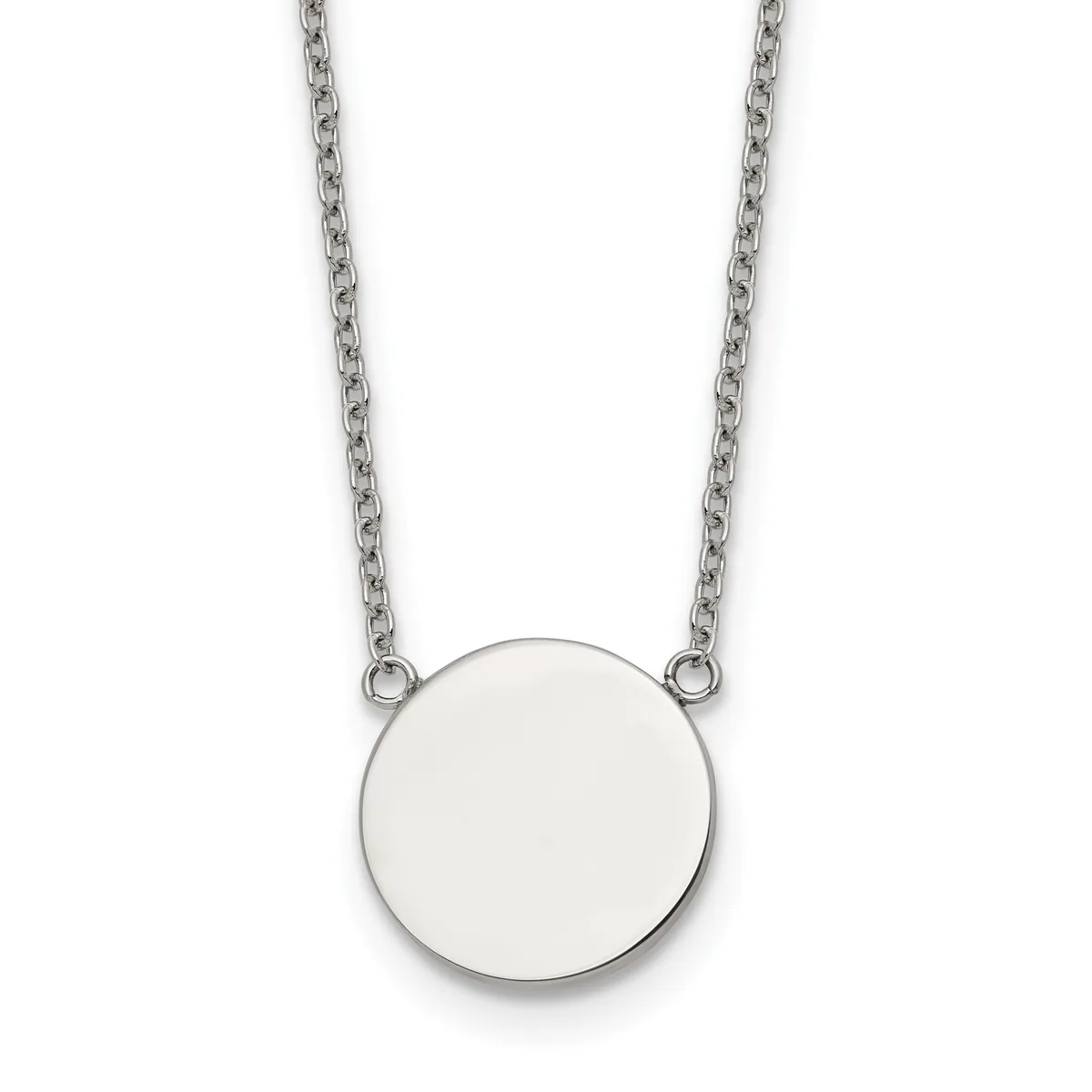Silver chain necklace with a plain circular disc pendant suspended from two chain segments.