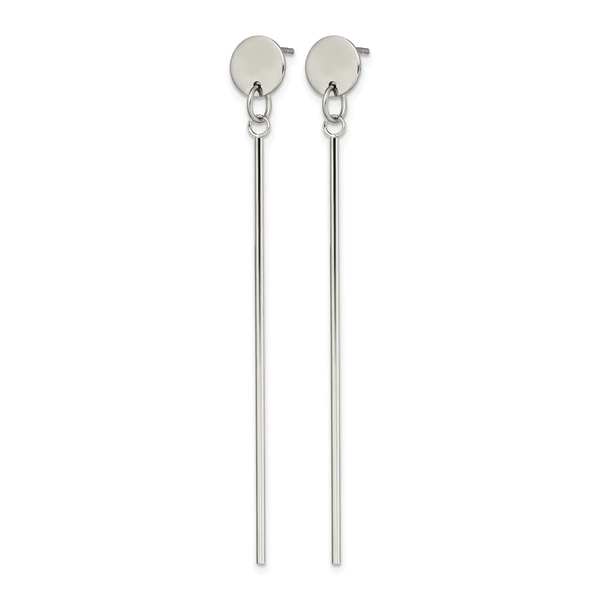 Pair of long silver drop earrings with small round flat disc tops and thin cylindrical stems, shown against a white background.