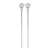 Pair of long silver drop earrings with small round flat disc tops and thin cylindrical stems, shown against a white background.