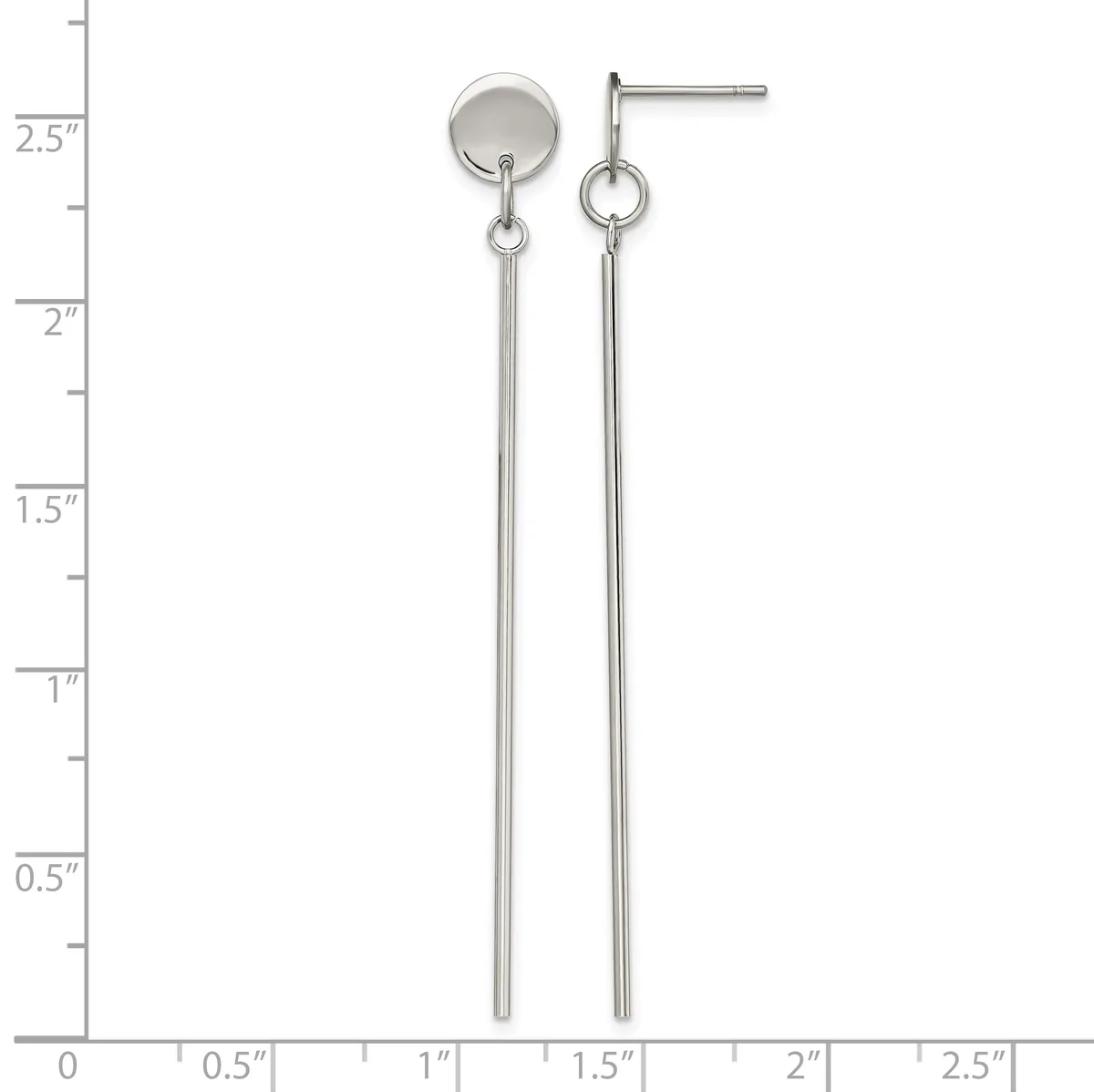 Pair of silver dangle earrings with round frosted stone tops and long thin chains, displayed against a ruler showing approximately 2.5 inches in length.