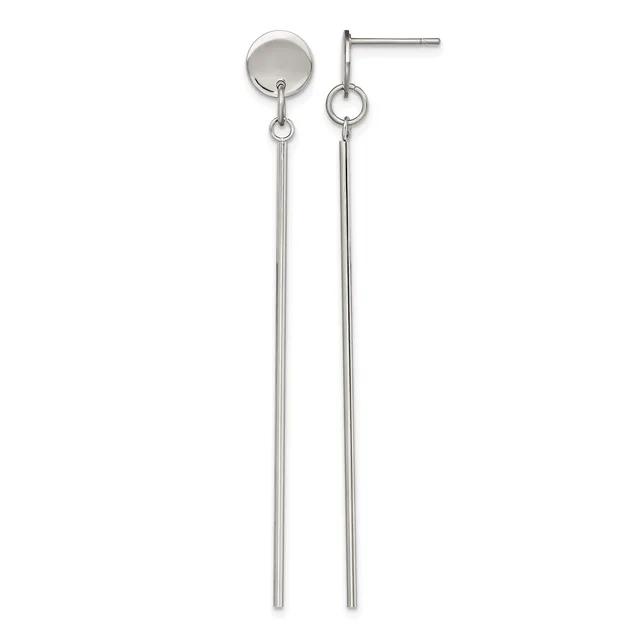 A pair of long silver dangle earrings with disc studs at the top and thin cylindrical bars hanging below, shown against a white background.