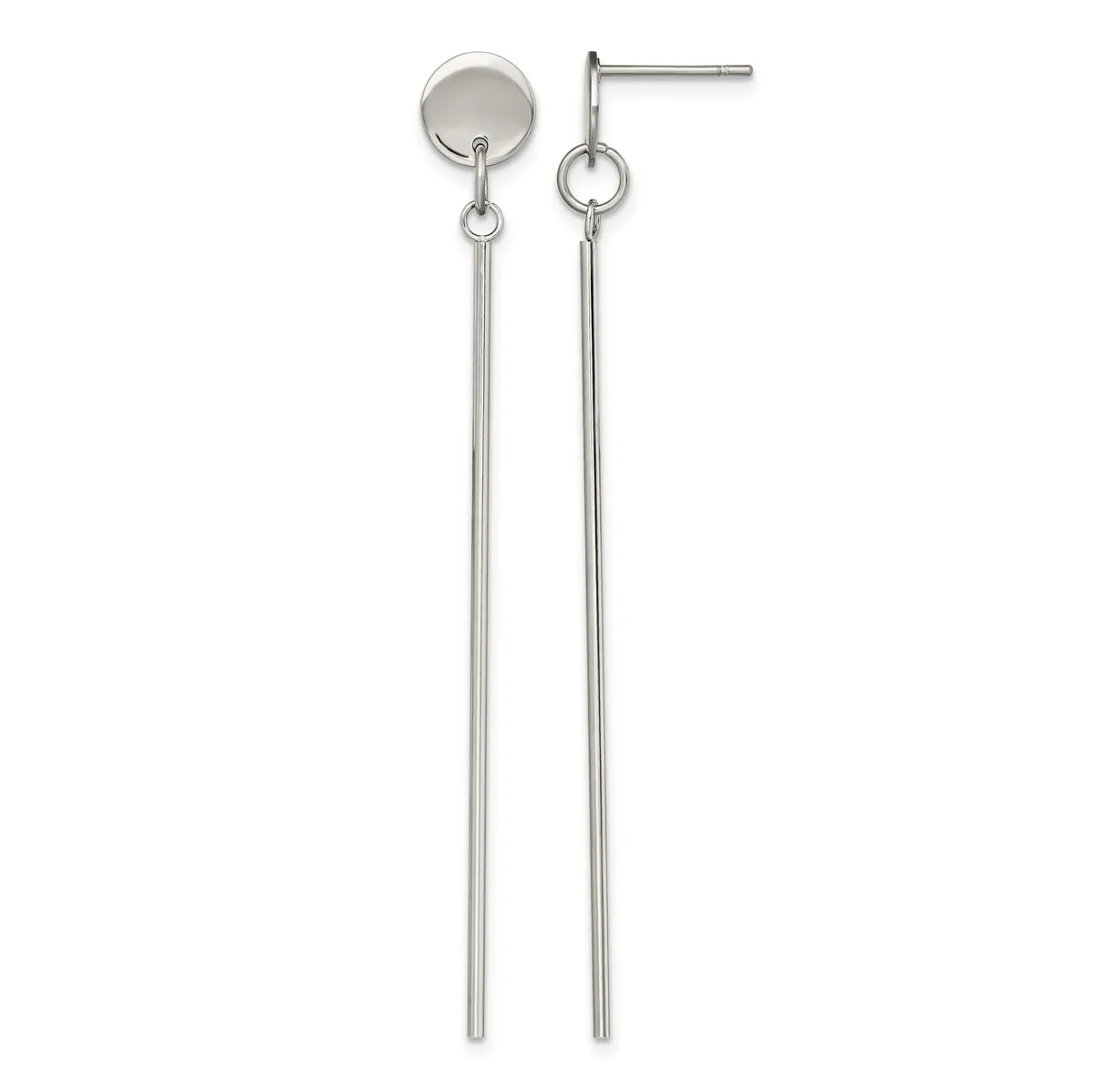 A pair of long silver dangle earrings with disc studs at the top and thin cylindrical bars hanging below, shown against a white background.