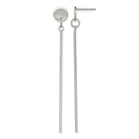 A pair of long silver dangle earrings with disc studs at the top and thin cylindrical bars hanging below, shown against a white background.
