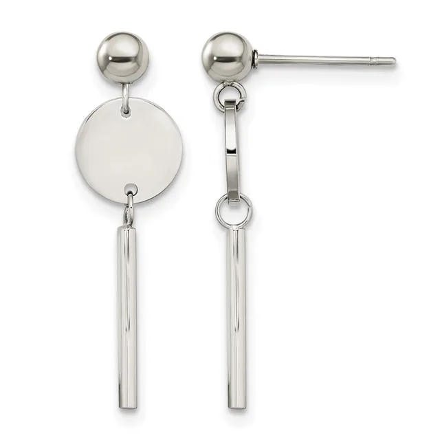 Pair of polished silver-tone dangle earrings featuring ball studs with attached cylindrical bars and circular discs on posts.