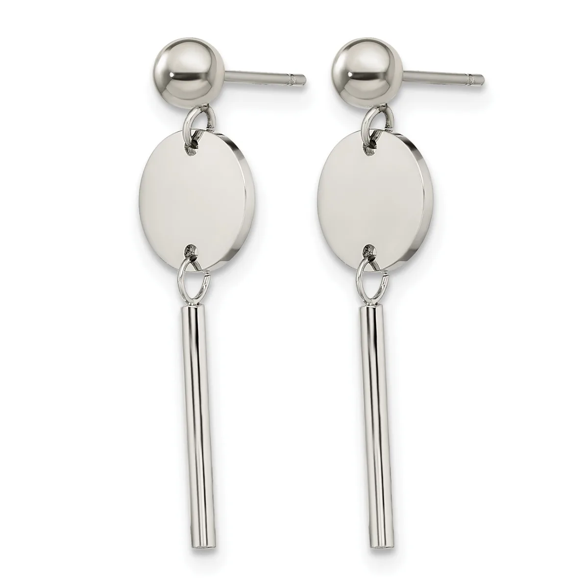 A pair of silver drop earrings with ball studs, oval disc charms, and long tubular pendants hanging below.