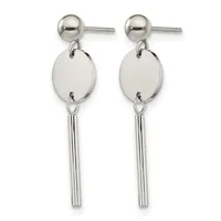 A pair of silver drop earrings with ball studs, oval disc charms, and long tubular pendants hanging below.