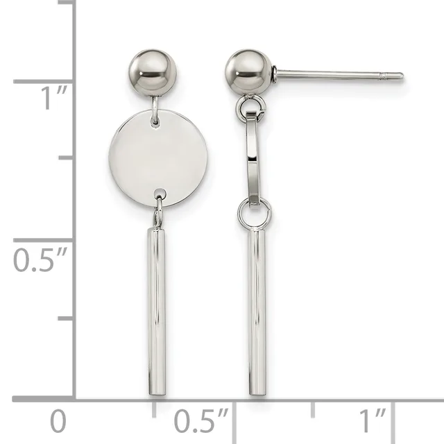 Pair of silver-toned dangle earrings with ball studs, circular disc pendants, and cylindrical bar drops, shown against a measurement scale.
