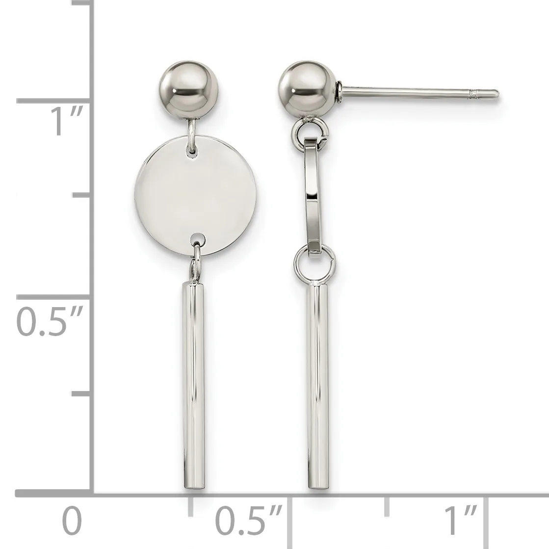 Pair of silver-toned dangle earrings with ball studs, circular disc pendants, and cylindrical bar drops, shown against a measurement scale.