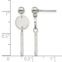 Pair of silver-toned dangle earrings with ball studs, circular disc pendants, and cylindrical bar drops, shown against a measurement scale.