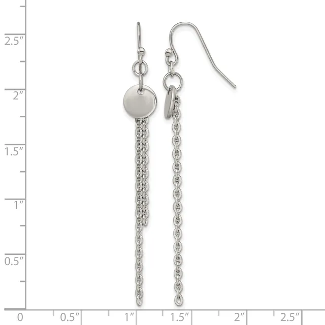 Pair of silver-tone dangle earrings with small disc tops and long chain tassels, displayed against a measurement scale.