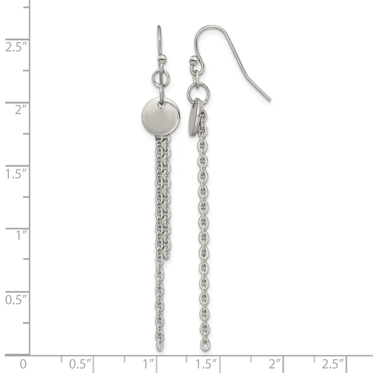 Pair of silver-tone dangle earrings with small disc tops and long chain tassels, displayed against a measurement scale.