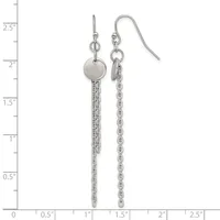 Pair of silver-tone dangle earrings with small disc tops and long chain tassels, displayed against a measurement scale.