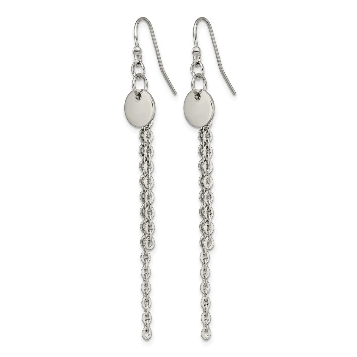 Pair of silver-toned drop earrings with small round discs and long dangling chain links, displayed against a white background.