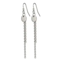 Pair of silver-toned drop earrings with small round discs and long dangling chain links, displayed against a white background.