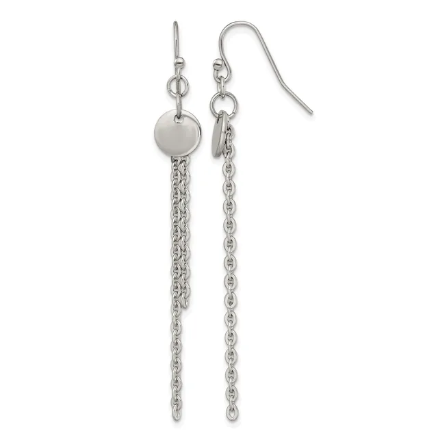Pair of silver-toned drop earrings with French hook closures, each featuring a small disc and dangling chain.