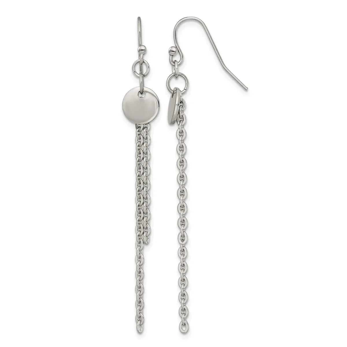 Pair of silver-toned drop earrings with French hook closures, each featuring a small disc and dangling chain.