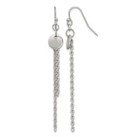 Pair of silver-toned drop earrings with French hook closures, each featuring a small disc and dangling chain.