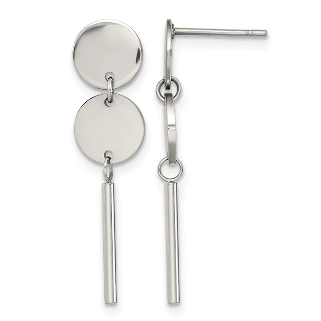 Pair of silver-tone dangle earrings with two circular discs connected by a link and a cylindrical bar pendant, shown front and side view.