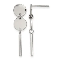 Pair of silver-tone dangle earrings with two circular discs connected by a link and a cylindrical bar pendant, shown front and side view.