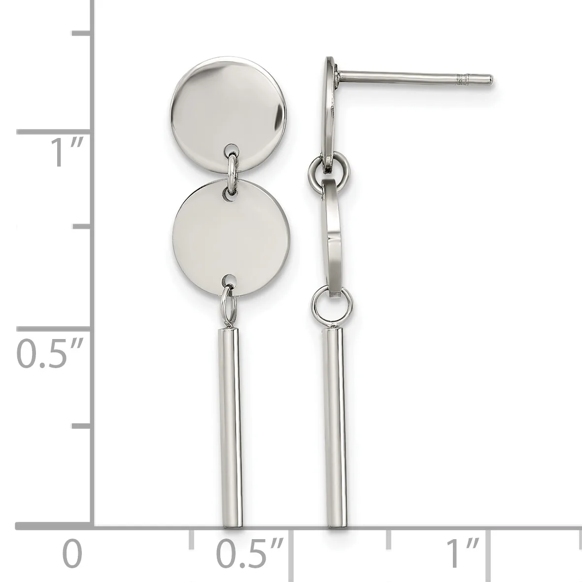 Silver-toned dangle earrings with two stacked circular discs at the top and a thin tubular bar pendant below, shown against a measurement scale.
