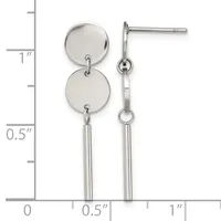 Silver-toned dangle earrings with two stacked circular discs at the top and a thin tubular bar pendant below, shown against a measurement scale.