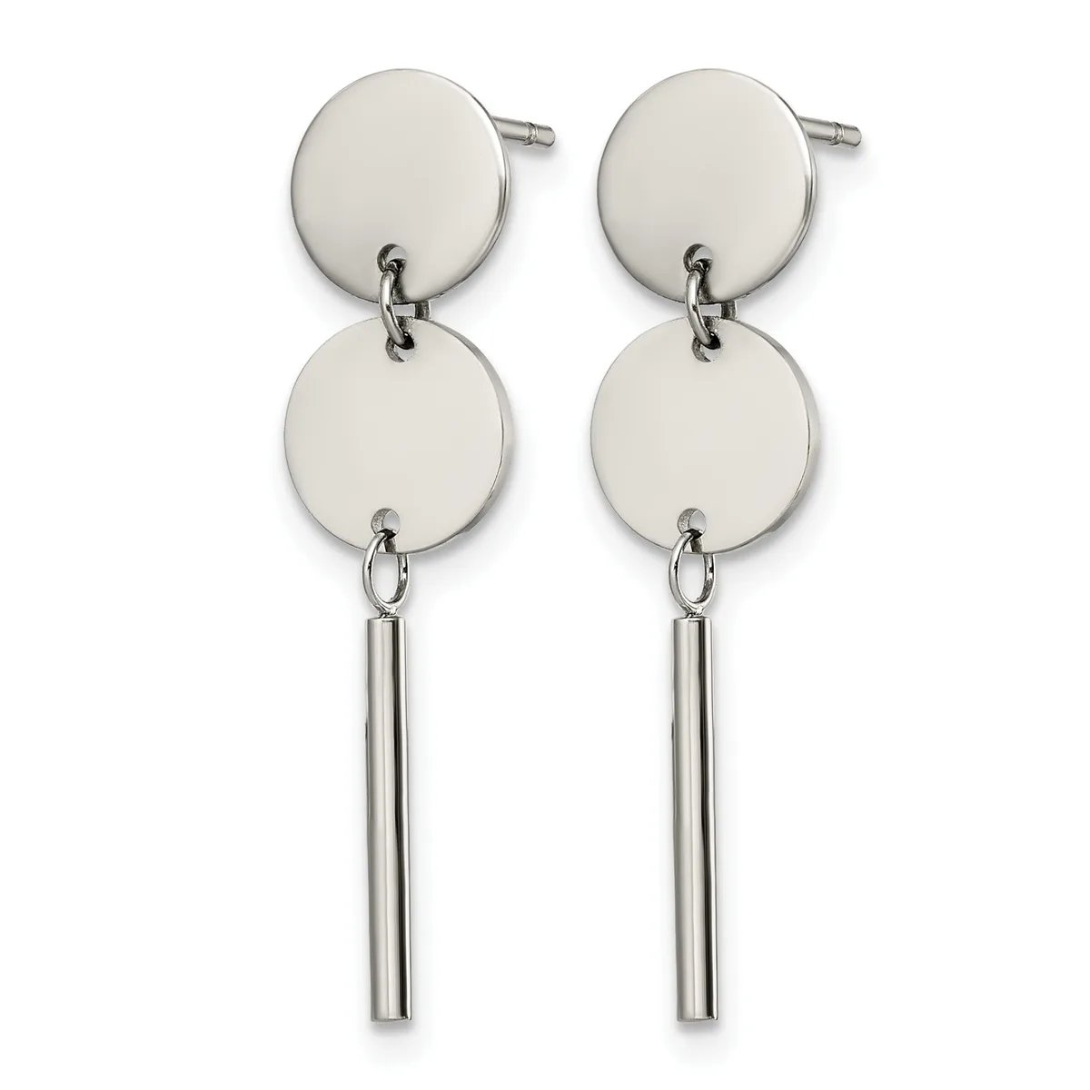 Pair of stainless steel drop earrings with two circular discs connected by small links, suspended from a cylindrical bar pendant on each earring.