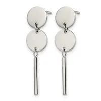 Pair of stainless steel drop earrings with two circular discs connected by small links, suspended from a cylindrical bar pendant on each earring.