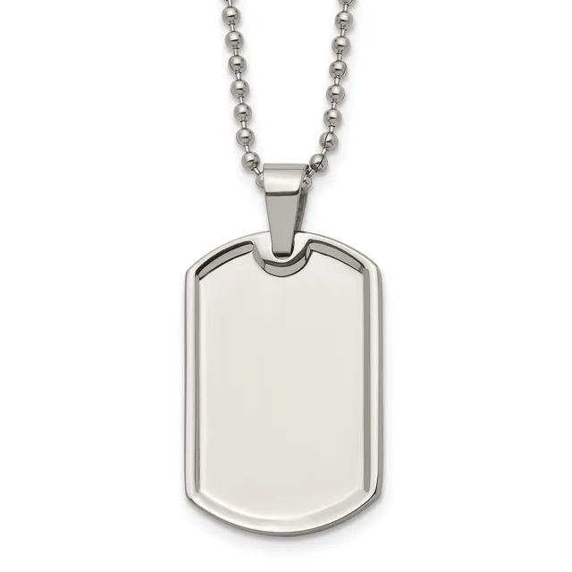 Stainless steel dog tag pendant with rounded corners on a ball chain necklace, shown against a white background.