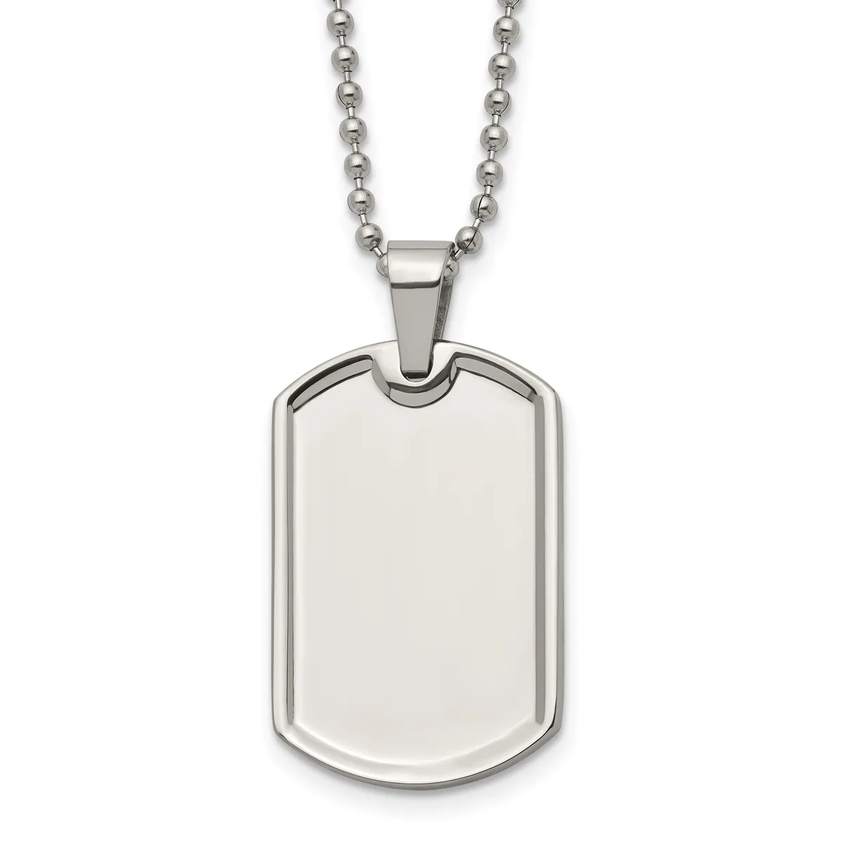Stainless steel dog tag pendant with rounded corners on a ball chain necklace, shown against a white background.