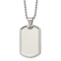 Stainless steel dog tag pendant with rounded corners on a ball chain necklace, shown against a white background.