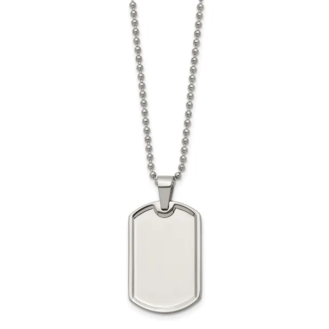 A stainless steel dog tag pendant with rounded corners hangs from a matching ball chain necklace.